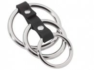 BDSM Δακτυλίδι πέους με 3 μεταλλικούς κρίκους και με δέρμα