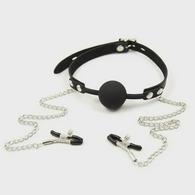 Silicone Ball Gag and Nipple Clamps, Black, Guilty Toys