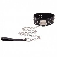 Naughty Toys Black Leather Spiked Collar with Leash