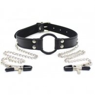Mouth gag with rubber O-Ring and chained nipple clamps