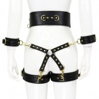NAUGHTY TOYS black leather corset cuffs hog tie restraints 4pcs 