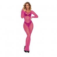 Alluring Pink Fishnet Bodysuit with Long Sleeves O/S