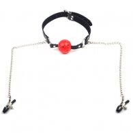 Red Ball Gag with Nipple Clamps