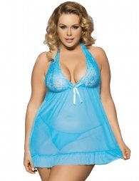 Plus Size Light Blue Open Back Elegant Lace Chemise