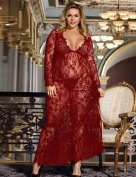 Plus Size Wine Red Delicate Lace Long Gown