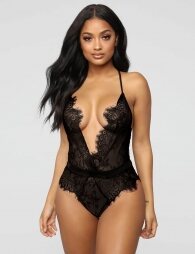 Plus Size Black Lace Eyelash Hollow Out High Quality Deep V Sexy