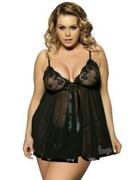 Sexy Black Lace Rhinestone See-through Plus Size Nightdress